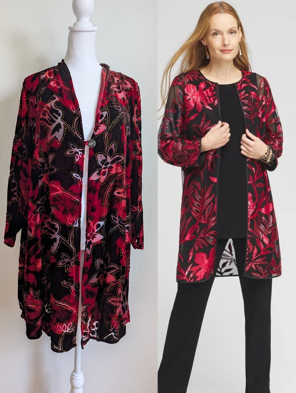Ania A Silk Burnout Velvet Vampy Mesh Kimono Cardigan Glittery Red